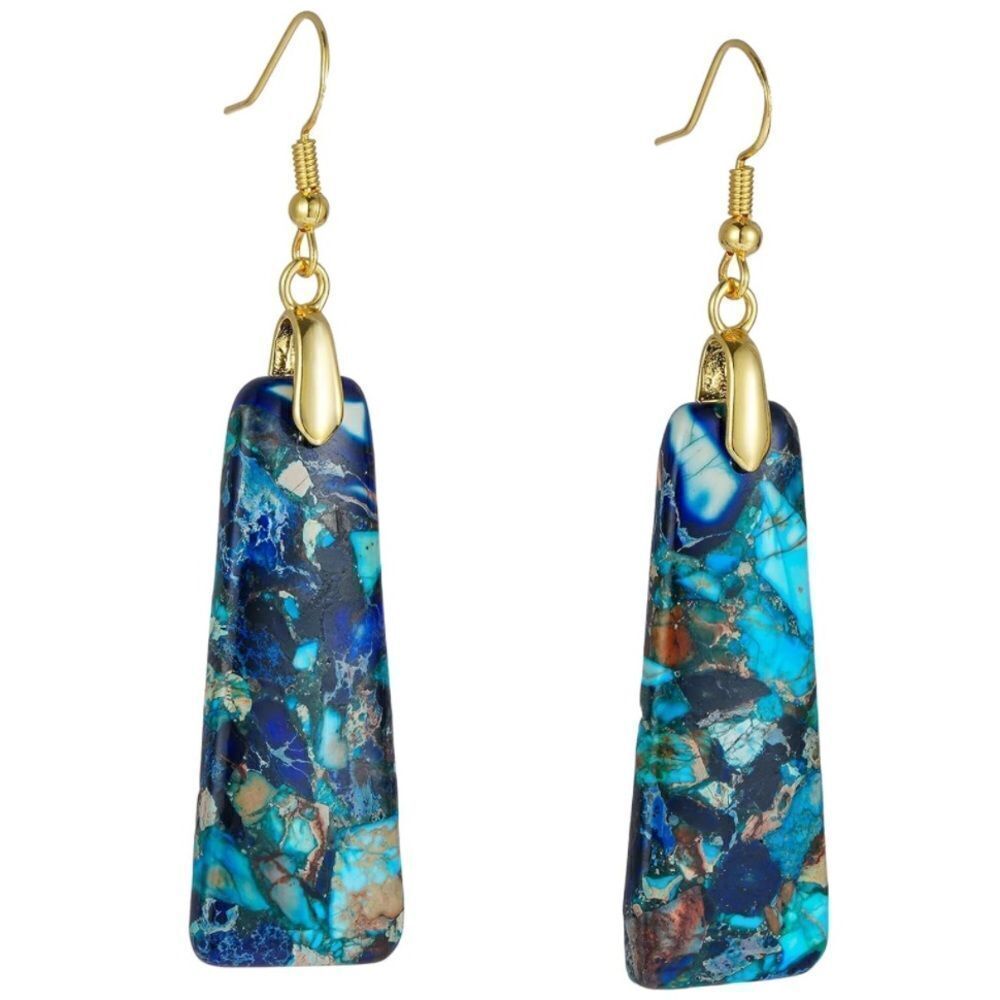 18K Yellow Gold with Natural Imperial Blue Jasper Stone Dangling Hook Earrings